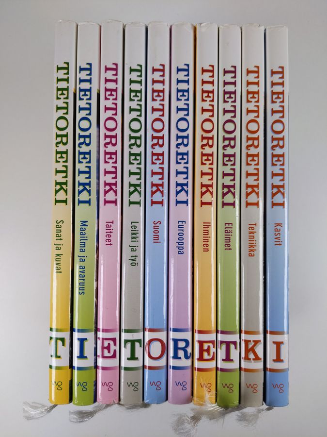 Tietoretki 1-10, lasten tietokirjasto : Eläimet ; Kasvit ; Ihminen ; Leikki ja työ ; Suomi ; Eurooppa ; Taiteet ; Sanat ja kuvat ; Tekniikka ; Maailma ja avaruus