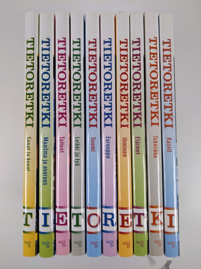 Tietoretki 1-10, lasten tietokirjasto : Eläimet ; Kasvit ; Ihminen ; Leikki ja työ ; Suomi ; Eurooppa ; Taiteet ; Sanat ja kuvat ; Tekniikka ; Maailma ja avaruus