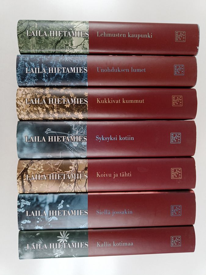 Laila Hietamies : Lehmusten kaupunki-sarja (7 kirjaa) : Lehmusten kaupunki ; Unohduksen lumet ; Kukkivat kummut ; Syksyksi kotiin ; Koivu ja tähti ; Siellä jossakin ; Kallis kotimaa