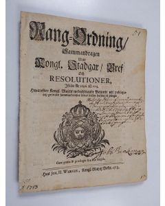 käytetty kirja Rang-Ordning, Sammandragen Utur Kongl. Stadgar, Bref och Resolutioner, Från år 1696 til 1713