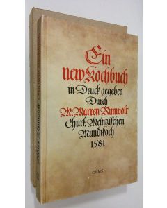 Kirjailijan Marx Rumpolt käytetty kirja Ein new Kochbuch : das ist ein grundtliche Beschreibung wie man recht und wol, nicht allein von vierfussigen, heymischen und wilden Thieren, sondern auch von mancherley Vögel und Federwildpret, darzu von allem grune