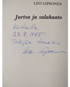 Kirjailijan Leo Lipsonen käytetty kirja Jartsa ja salakaato (tekijän omiste)