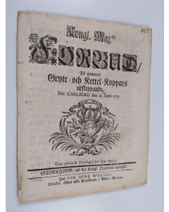 käytetty teos Kongl. Maj:ts nådige Förbud, På gammal Gryte- och Kettel-Koppars utskeppande. Dat. Carlberg den 25. Junii 1720