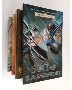 Kirjailijan R. A. Salvatore käytetty kirja Paths of Darkness 1-4 : The silent blade ; The Spine of the world ; Servant of the shard ; Sea of swords (laatikossa)