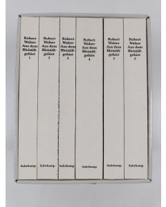 Kirjailijan Robert Walser käytetty kirja Aus dem Bleistiftgebiet mikrogramme 1924-1933 6 bände (Laatikossa)