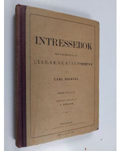 Kirjailijan Carl Signeul käytetty kirja Intressebok : med uträkningar af ½, 2, 3, 3½, 4, 4½, 5, 5½, 6, 7, 8, 9, 10 procent m.m