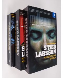 Kirjailijan Stieg Larsson käytetty kirja Milleniumtrilogin : Män som hatar kvinnor / Flickan som lekte med elden / Luftslottet som sprängdes