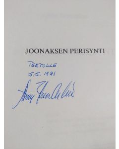 Kirjailijan Aimo Frondelius käytetty kirja Joonaksen perisynti (signeerattu)