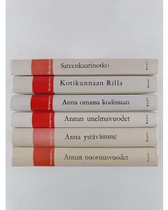 Kirjailijan L. M. Montgomery käytetty kirja Anna-sarja -setti (6 kirjaa) : Annan nuoruusvuodet ; Anna ystävämme ; Annan unelmavuodet ; Anna omassa kodissaan ; Sateenkaarinotko ; Kotikunnaan Rilla