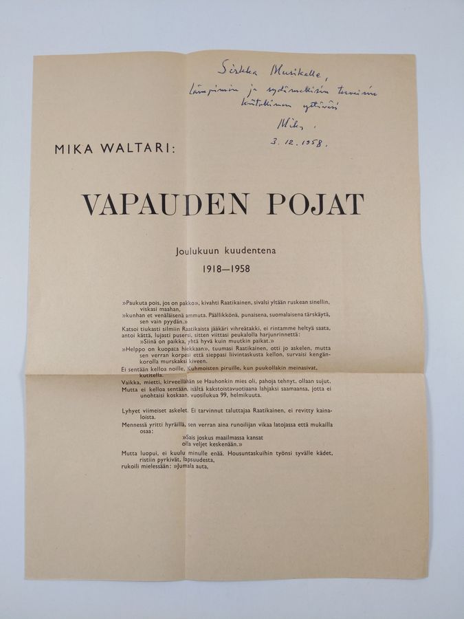 Mika Waltari : Vapauden pojat (signeerattu, tekijän omiste)