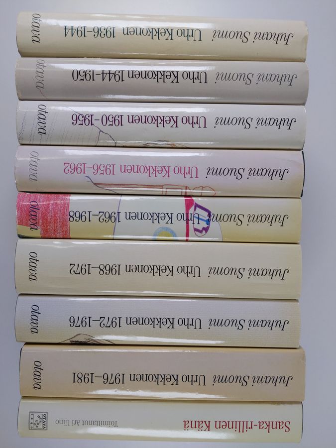 Juhani Suomi : Urho Kekkonen 1936-1944 Myrrysmies ; 1944-1950 Vonkamies ; 1950-1956 Kuningastie ; 1956-1962 Kriisien aika ; 1962-1968 Presidentti ; 1968-1972 Taistelu puolueettomuudesta ; 1972-1976 Liennytyksen akanvirrassa ; 1976-1981 Umpeutuva latu ; Sanka-rillinen Känä - Urho Kekkosen tie politiikkaan 1921-1939