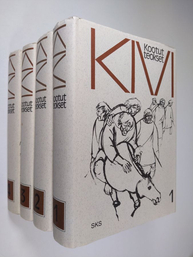 Aleksis Kivi : Kootut teokset 1-4 : Seitsemän veljestä ; Koto ja kahleet ; Eriika ; Vuoripeikot ; Kullervo ; Nummisuutarit ; Karkurit ; Kihlaus ; Yö ja päivä ; Lea ; Margareta ; Olviretki Schleusingenissä ; Leo ja Liina ; Canzio ; Selman juonet ; Alma ; Runot ; Kirjeet