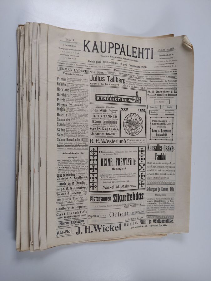Kauppalehti 1908 (20 nroa ; nrot 3, 5-9, 11-24) ; Pörssi-lisälehdet nrot 1-6