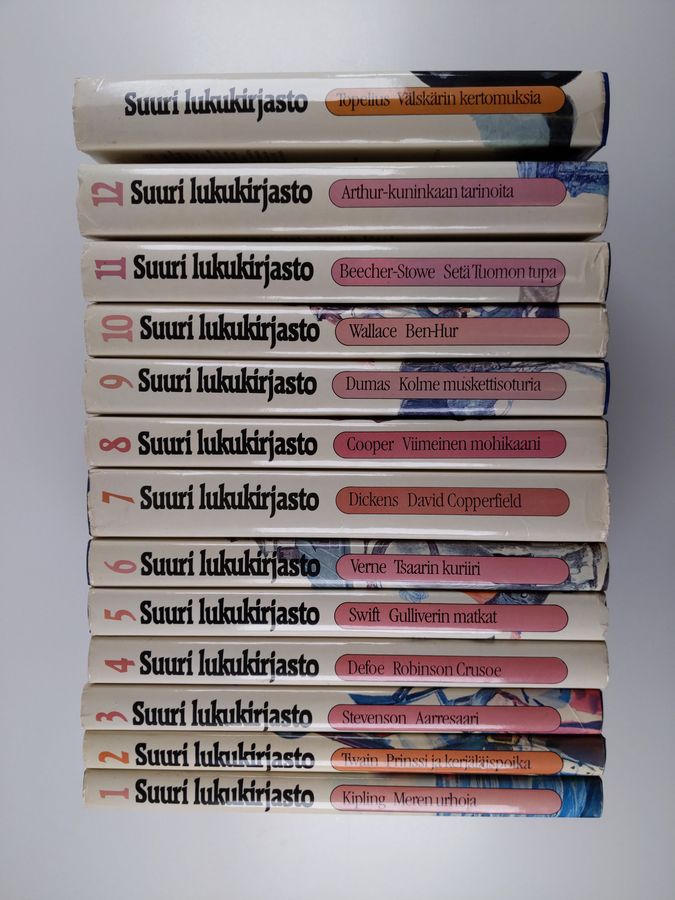 Suuri lukukirjasto 1-12 + Topelius (kuvitetut) : Meren urhoja ; Prinssi ja kerjäläispoika ; Aarresaari ; Robinson Crusoe ; Gulliverin matkat ; Tsaarin kuriiri ; David Copperfield ; Viimeinen mohikaani ; Kolme muskettisoturia ; Ben-Hur ; Setä tuomon tupa ; Arthur-kuninkaan tarinoita