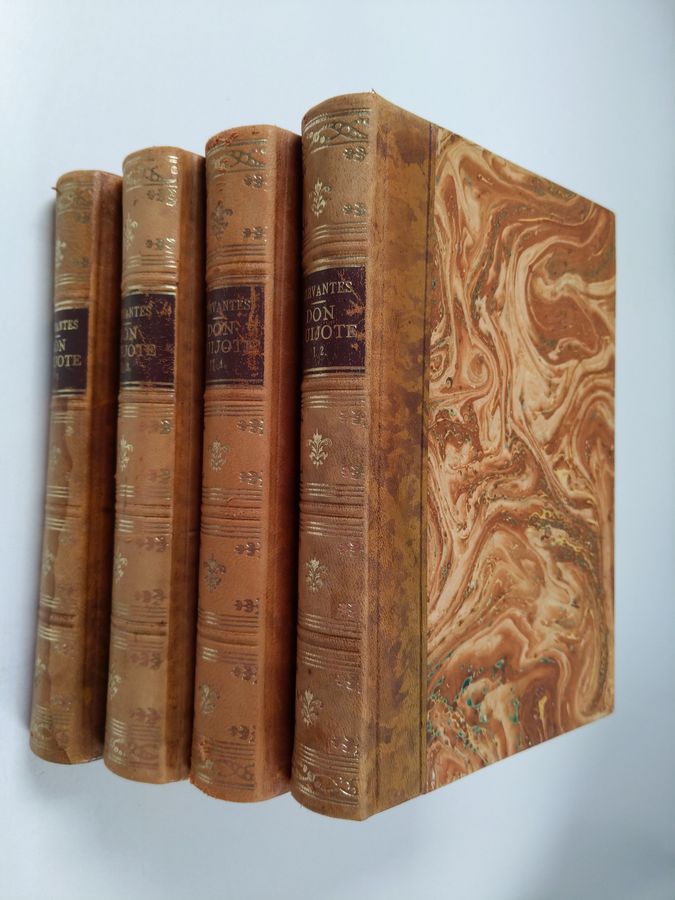 de Gervantes Saavedra Miguel : Don Quijote-setti (4 kirjaa): Mielevä Hidalgo Don Quijote Manchalainen Edellinen osa 1 ; Mielevä Hidalgo Don Quijote Manchalainen Jälkimmäinen osa 1 ; Mielevä Hidalgo Don Quijote Manchalainen Edellinen osa 2 ; Mielevä Hidalgo Don Quijote Manchalainen Jälkimmäinen osa 2