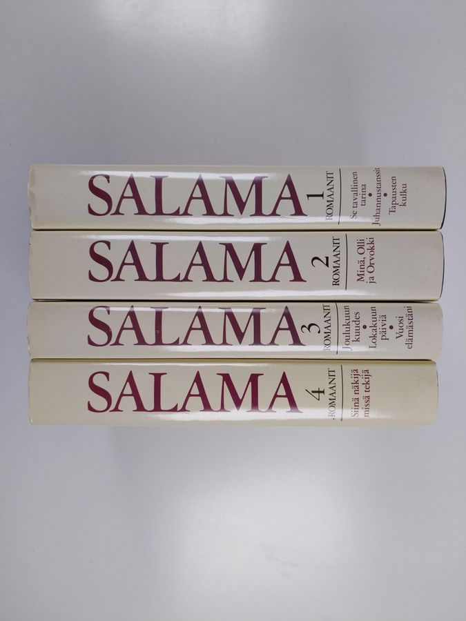 Hannu Salama : Romaanit 1-4 : Se tavallinen tarina ; Juhannustanssit ; Tapausten kulku ; Minä, Olli ja Orvokki ; Joulukuun kuudes ; Lokakuun päiviä ; Vuosi elämästäni ; Siinä näkijä missä tekijä