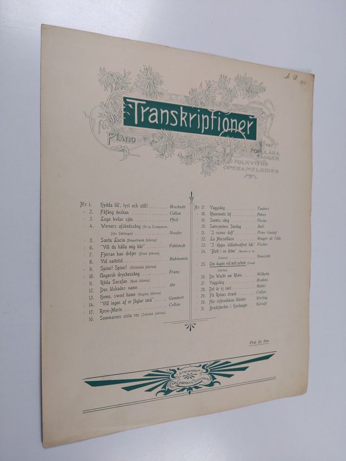 Transkriptioner för piano ofver populära sånger folkvisor operamelodier : Om dagen vid mitt arbete