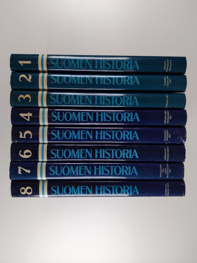 Yrjö (toim.neuvosto) Blomstedt : Suomen historia 1-8 : Kivikausi, pronssikausi ja rautakauden alku, keski- ja myöhäisrautakausi ; Keskiaika, Uuden ajan alku ; Suurvalta-aika ; Vapauden aika, Kustavilainen aika ; Kansallisen heräämisen aika ; Sortokaudet, Itsenäistyminen